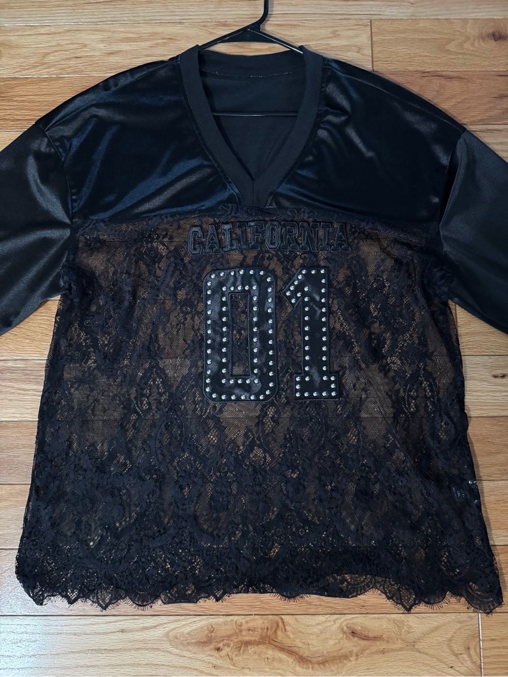 SHEIN Black Lace Studded '01' V-Neck Sweatshirt